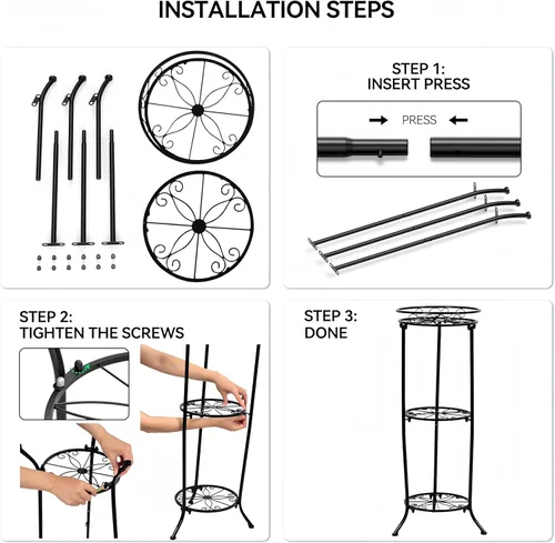 Miniatura 6 de FAMZ Soporte para plantas para interiores y exteriores, 3 niveles de alto, soportes de metal negro para plantas, estante redondo de 35 pulgadas