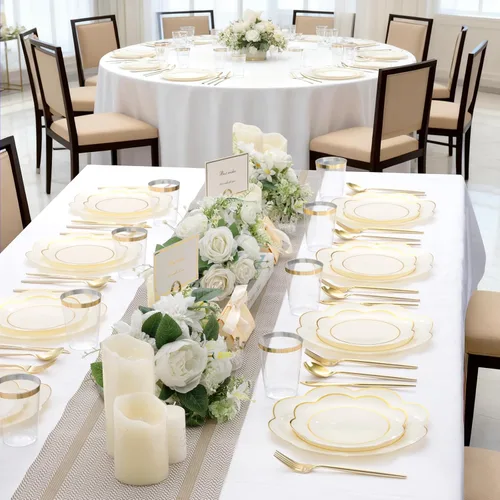 Miniatura 4 de ejonirinjonir EI - 180 platos de plástico beige con cubiertos de plástico dorado, platos desechables de alta resistencia para fiestas, juego