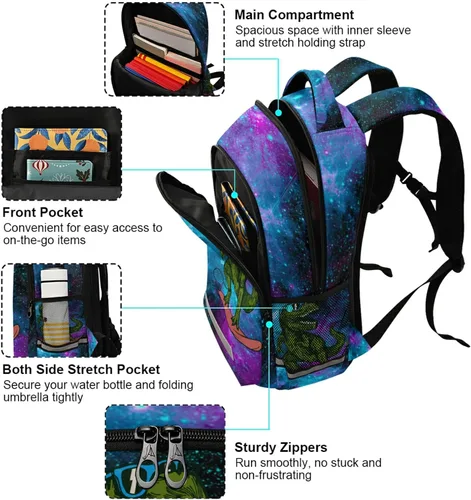 Miniatura 5 de Mochila para laptop con diseño de dinosaurio, color rosa y azul, con diseño de galaxia, bolsa de viaje, casual, con correa para el pecho, para niños