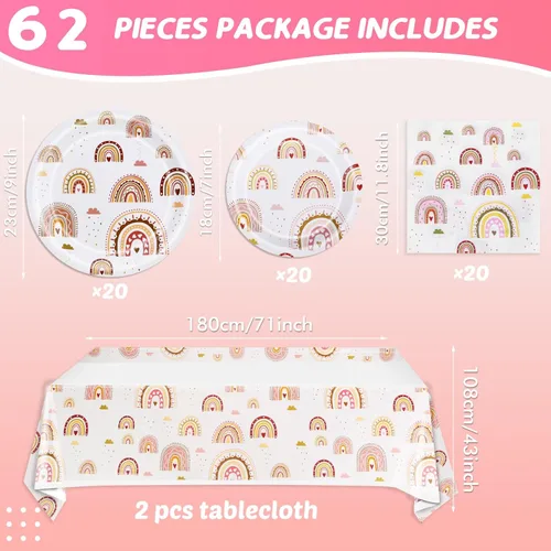 Miniatura 2 de Ryzovo Juego de 62 piezas de vajilla bohemia para fiesta de arcoíris, incluye platos de papel, servilletas, mantel para niñas y niños, decoración