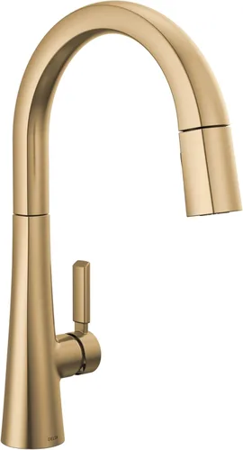 Delta Grifo Monrovia Dorado para cocina, grifos de cocina con rociador desplegable, grifo de fregadero de cocina, grifo dorado para fregadero de