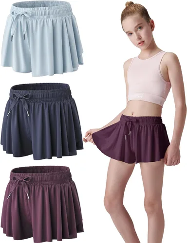 Miniatura 75 de Paquete de 3 pantalones cortos fluidos para niñas con forro de elastano, 2 en 1, faldas de mariposa para jóvenes, para fitness, correr, deportes