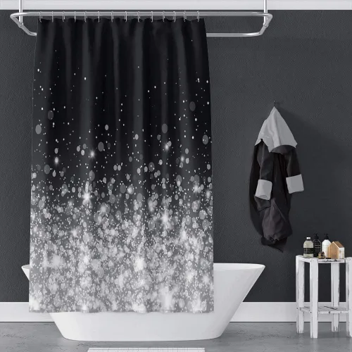 Cortina de ducha de puntos brillantes de 60 x 72 pulgadas, hermosa noche romántica de ensueño, arte blanco y negro, estilo femenino, tela