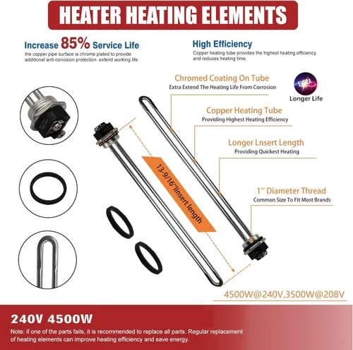 Miniatura 6 de EWH-05 Kit de ajuste del calentador de agua eléctrico, incluye dos elementos de calefacción de 4500 W/240 V, termostato superior, termostato