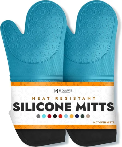 HOMWE - Manopla de horno profesional y extralarga de silicona, guantes con forro acolchado, agarraderas resistentes al calor, guantes flexibles para