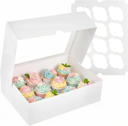 Miniatura 10 de VGOODALL 12 Cajas para Cupcakes, 12PCS Portacupcakes con Ventana Cajas Blancas de Pastelería para Cumpleaños Fiestas Navideñas Suministros