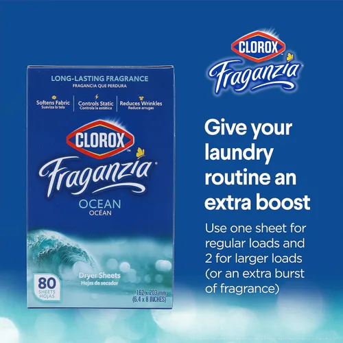 Miniatura 4 de Clorox Fraganzia - Hojas de secadora suavizantes de tela, reductoras de arrugas y antiestáticas, para ropa con gran olor, suaviza telas, aroma Océano