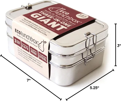 Miniatura 8 de Ecolunchbox Caja Bento de acero inoxidable tres en uno, 2 niveles, contenedor para aperitivos, tamaño gigante, capacidad para 8 tazas de alimentos