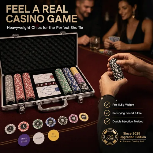 Miniatura 5 de Fichas de póquer con denominaciones, juego de 300 piezas de 11.5g con números, fichas de casino pesadas, 5 dados, 2 barajas con estuche compacto