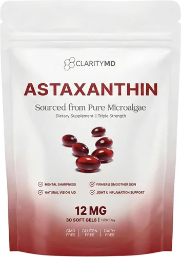 Astaxantina Suplemento antioxidante de 12 mg – Fuente natural de microalgas – Softgel a base de lípidos para una mayor absorción – Apoyo cognitivo,