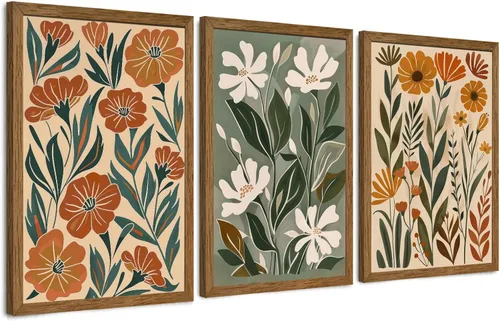 InspiredHues Arte de Pared de Lienzo Floral Bohemio Abstracto de 3 Piezas, Decoración de Pared de Mercado de Flores Verde Beige, Impresiones de Arte