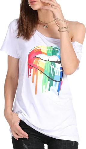 Miniatura 47 de MAGICMK - Camiseta casual para mujer, con estampado de labios y hombro descubierto, talla extragrande