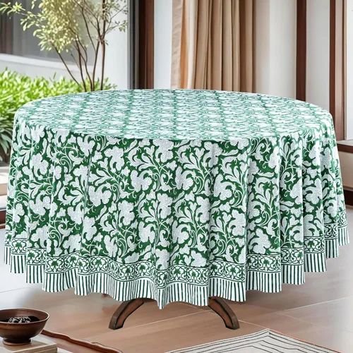 Miniatura 28 de Ridhi Mantel redondo de algodón reutilizable con estampado de bloque a mano, color verde espárragos, 60 pulgadas, mantel decorativo para uso diario