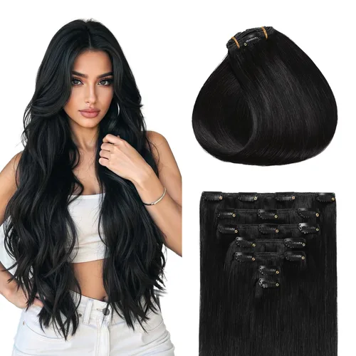 Miniatura 13 de Sunya Extensiones de cabello humano real con clip, color negro azabache, doble trama, lacio, 12 pulgadas, #1, 8 unidades, 3.53 oz
