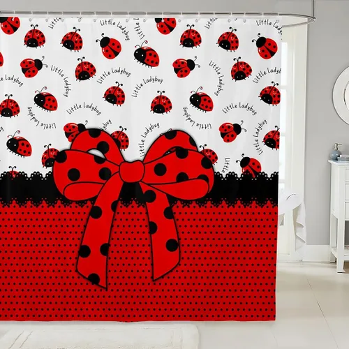 Manfei Cortinas de ducha para niños con lazo de dibujos animados, diseño de mariquita, escarabajo, insecto, niñas, niños, cortinas impermeables