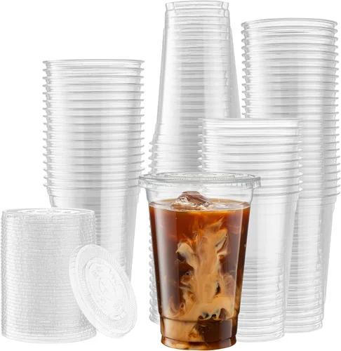 Miniatura 12 de ELEGANT DISPOSABLES Vasos de PET transparentes con tapas planas para café helado (12 onzas)