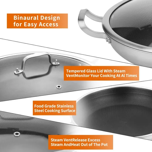 Miniatura 7 de Yeksum Paella de tres capas de acero inoxidable de 14.5 pulgadas, 12 porciones con tapa, sartén grande antiadherente 18/10, olla jumbo, bandeja