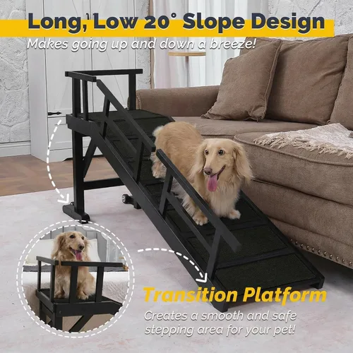 Miniatura 2 de Rampa para perros para cama o sofá, rampa de madera para mascotas con pendiente suave de 20°, rieles laterales extraíbles, superficie