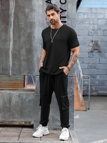 Miniatura 7 de Babioboa Conjunto de 2 piezas de camiseta y pantalones deportivos para hombre, con bolsillo con solapa, pantalones deportivos holgados y lisos