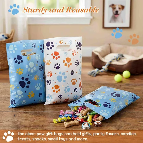 Miniatura 4 de Pasimy 100 bolsas de regalo de pata de perro a granel, diseño de pata de mascota, bolsas de plástico con asa para decoración de fiesta de cumpleaños