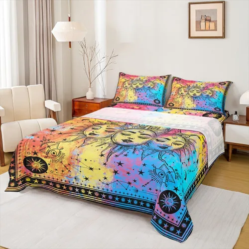 Miniatura 39 de Erosebridal Juego de sábanas tamaño individual con estampado de luna, diseño de flores de loto, color morado degradado, juego de sábanas orientales