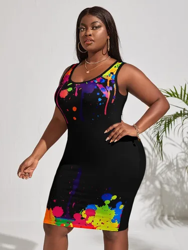 Miniatura 3 de OYOANGLE Vestido de verano sin mangas con estampado de verano para mujer, cuello redondo, ajustado, corte entallado