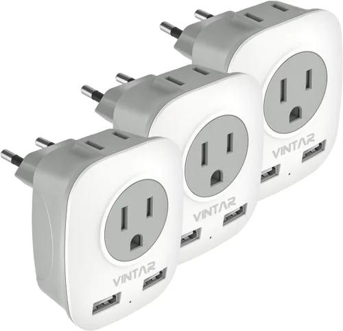 VINTAR - Adaptador de enchufe de viaje europeo de 3 unidades, adaptador de enchufe de alimentación internacional con 2 puertos USB, 2 salidas