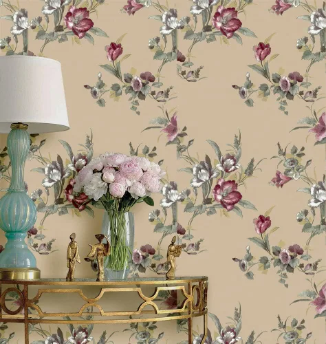 8190-10M - Papel tapiz vintage para despegar y pegar, 17.7 pulgadas x 32.8 pies, flores beige, papel de contacto extraíble, autoadhesivo,