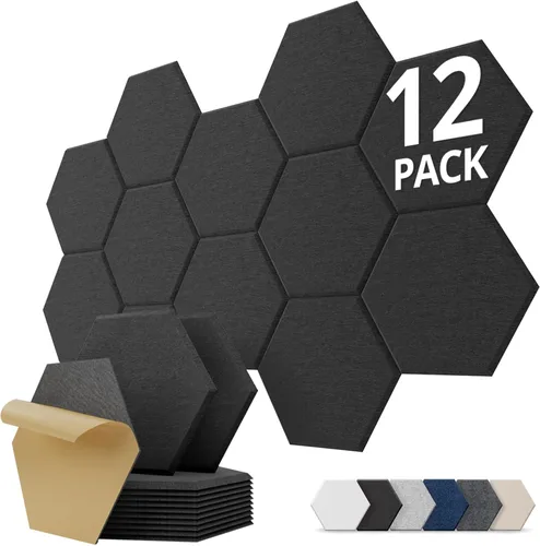 Paneles Acústicos Hexagonales Autoadhesivos para Pared, Paquete de 12 Baldosas Absorbentes de Sonido para Paredes y Puertas, Panel Interior Negro