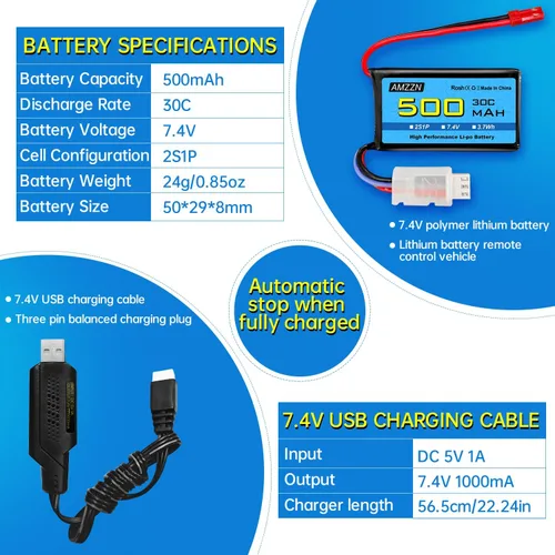 Miniatura 3 de 7.4V 500mAh 30C JST-2P Plug Lipo batería con USB para helicópteros controlados a distancia, cuadricópteros, autos de carreras micro FPV, drones