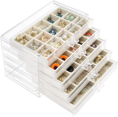 Watpot Joyero acrílico con 5 cajones organizador de almacenamiento de pendientes transparente para mujeres y niñas color beige