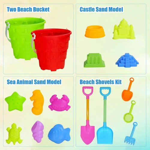 Miniatura 3 de Juego de 17 juguetes de playa para niños, incluye cubo, moldes, pala, rastrillo, tamiz y juguetes de castillo, cubo de arena y pala para niños