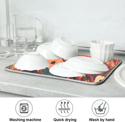 Miniatura 7 de Tapete de secado de platos de primavera naranja con flor de amapola para encimera de cocina, tapete escurridor absorbente de microfibra, tapete