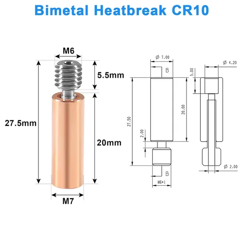Miniatura 2 de 5 piezas CR10 bimetálico Heatbreak, actualización suave todo metal bimetálico cobre titanio Heatbreak garganta alta temperatura para Creality 3D