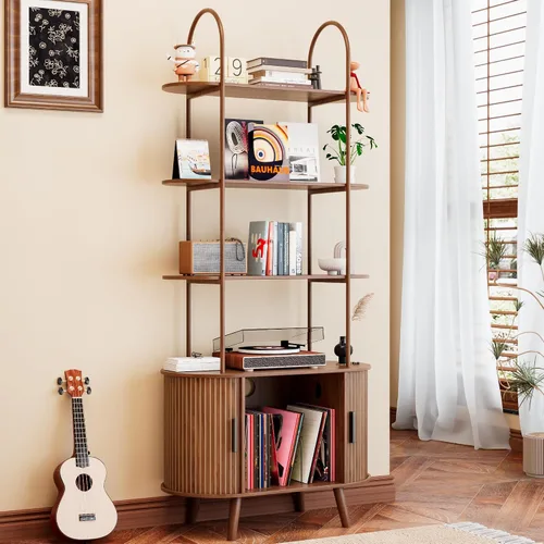 Miniatura 4 de Soporte Alto para Tocadiscos de Vinilo, Estantería de 4 Niveles con Puertas Corredizas, Gabinete Retro Pequeño para Almacenamiento de Discos