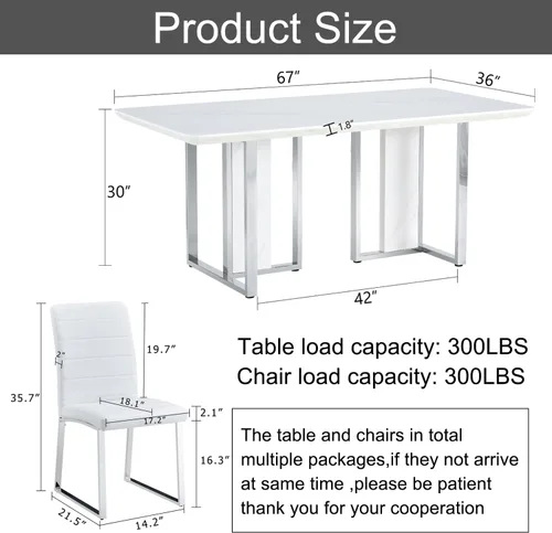 Miniatura 2 de Juego de mesa de comedor moderno de 67 pulgadas para 6, juego de mesa de cocina blanca, juego de mesa de comedor de lujo con mesa de mármol