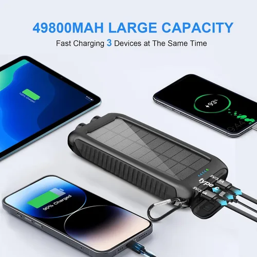 Miniatura 2 de Cargador solar-Power-Bank-49800mAh Cargador de teléfono solar portátil con linterna LED/15W carga rápida USB C impermeable batería externa de Negro