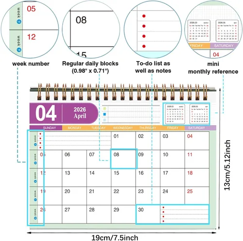 Miniatura 5 de Calendario de escritorio pequeño 2026-2027, calendario de escritorio abatible de pie de enero de 2026 a junio de 2027, calendario mensual de Rosa
