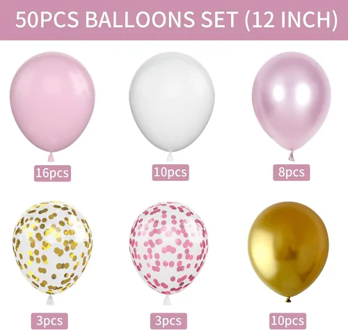 Miniatura 38 de Globos rosados y morados, 50 unidades de 12 pulgadas, globos de confeti, globos de látex metálicos rosados y morados con cinta, globos de fiesta