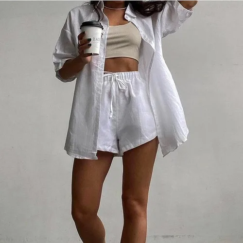 Miniatura 2 de Conjunto casual de 2 piezas para mujer, conjunto de camisa de lino de algodón liso con botones, pantalones cortos de cintura alta, conjuntos de ropa