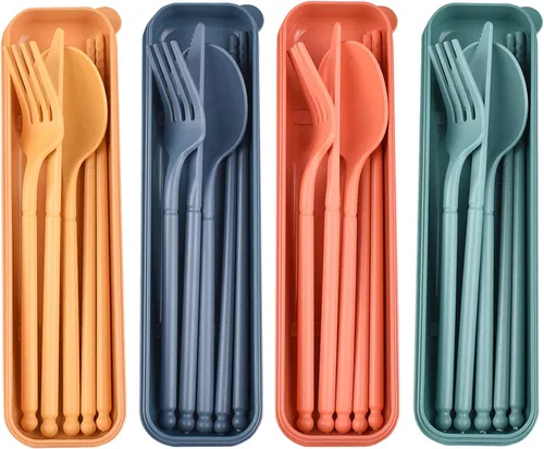 Miniatura 11 de Juego de utensilios para acampar, juego de utensilios reutilizables con estuche, juego de cubiertos de plástico tenedores cuchara vajilla palillos