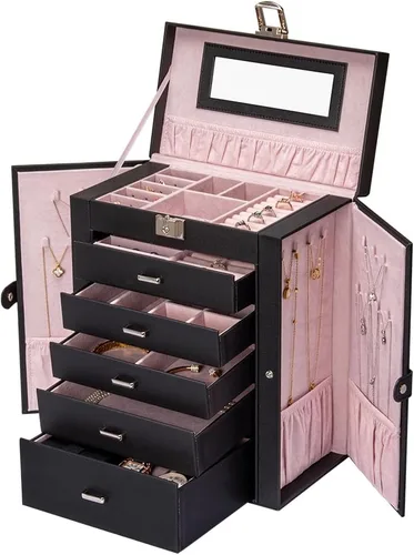 FEIYAN Joyero organizador grande con estuche de viaje pequeño, caja negra de espejo de 6 capas con cajones para mujer