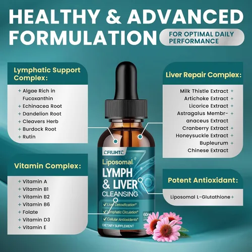 Miniatura 3 de 2 gotas de drenaje linfático liposomal – 21 en 1 limpieza del hígado desintoxicación y reparación con cardo mariano, equinácea, raíz de bardana