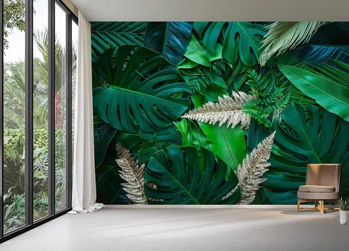 Miniatura 5 de Papel tapiz verde tropical, 108 x 75 pulgadas, hoja de selva mural de pared para dormitorio, sala de estar, guardería (no se pega ni se pega)