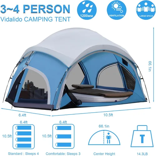 Miniatura 5 de Vidalido Tienda de campaña para 3 a 4 personas con 2 puertas de malla grandes, 4 ventanas de malla, tienda familiar de doble capa, impermeable