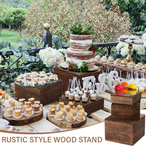 Miniatura 4 de Barydat 3 soportes de madera para tartas rústicas, apilables, cuadrados, para cupcakes, base para mesa de bufé, postre, comida, cumpleaños, boda