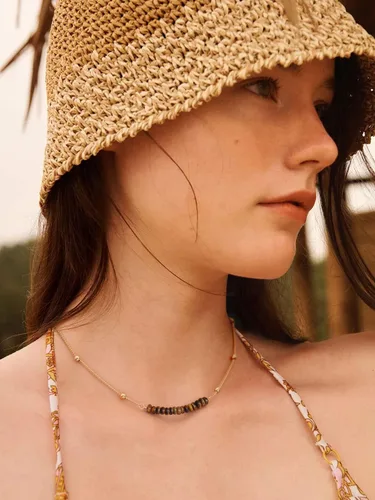 Miniatura 3 de PERNNLA PEARL Gargantilla de Cadena de Bolas de Satélite de Bordillo Chapada en Oro de 18K, Collar de Barra con Cuentas de Turquesa Sintética