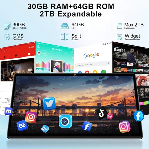Miniatura 3 de Tableta Android 15 de 10 pulgadas con teclado, 30 GB de RAM 64 GB ROM 2.0 GHz Octa-Core, cámara dual, expansión de 2 TB, Widevine L1, WiFi 5G, BT