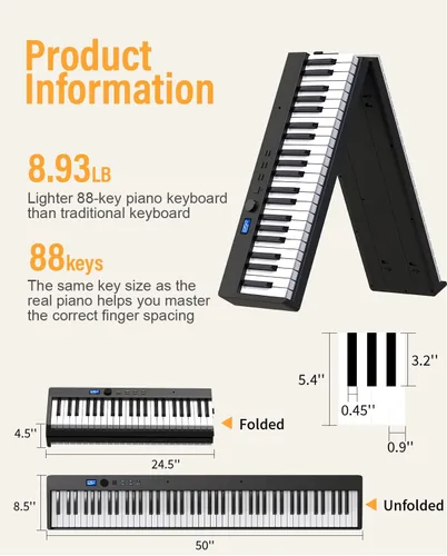 Miniatura 7 de KONIX Teclado de piano plegable, 88 teclas, teclado plegable semipesado, piano eléctrico portátil con llave de luz, pedal de sostenimiento, Negro
