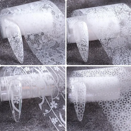 Miniatura 5 de 10 rollos de calcomanías de transferencia de papel de uñas de flores blancas y negras con patrón de flores de encaje pegatinas de transferencia
